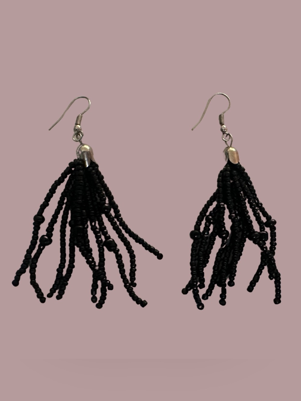 Funky Black Beaded Tassel Drop Earrings